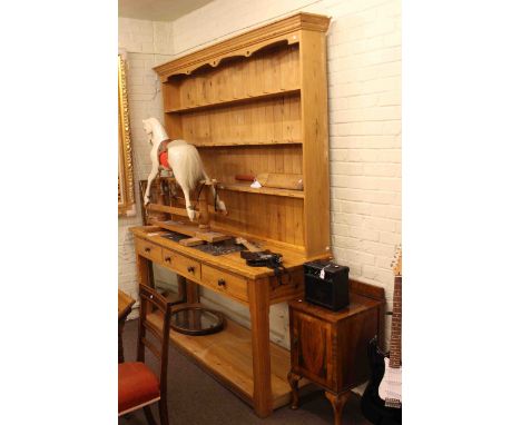 Large pine three drawer shelf back dresser, 1930's walnut pot cupboard, two mirrors and cricket bat