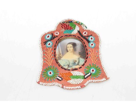 19th Century beadwork frame containing a portrait miniature
