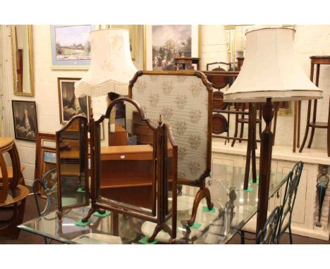 Two towel stands, folding table-screen, triple dressing mirror, bedside pedestal, two standard lamps and shades (7)