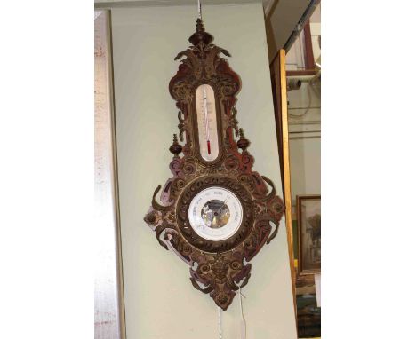 Victorian brass and carved wood holosteric barometer