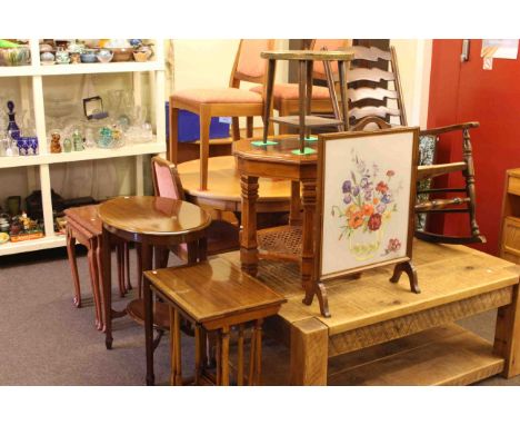 Rush seated ladder back rocking chair, two nests of tables, three occasional tables and firescreen (7)