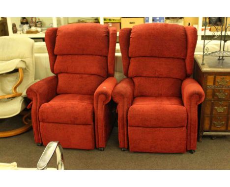 Pair rise and fall electric reclining chairs and wrought metal corner shelf unit (3)