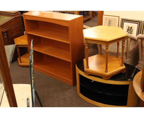 Pair hexagonal teak lamp tables, teak open bookcase and oval TV stand (4)