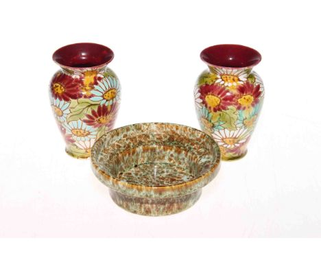 Pair small Linthorpe flower decorated vases, and, pottery dish (3)