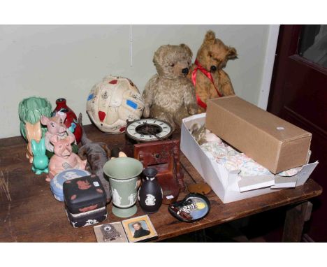 Portrait miniature, tiny silver clock, two teddies, clock, dolls, football, china etc.