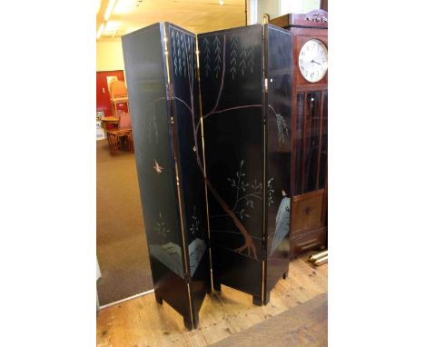 Contemporary black lacquered and bird decorated four fold vanity screen