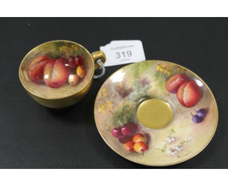 ROYAL WORCESTER 'FALLEN FRUIT' CABINET CUP AND SAUCER - SIGNED RICKETTS C1913