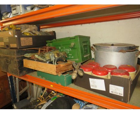 A MIXED LOT TO INCLUDE BRASS ORNAMENTS, HORSE HAMES, SAFETY HARNESSES AND AN AMMUNITION BOX ETC