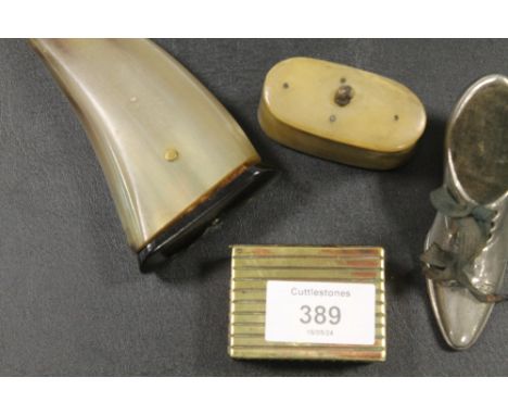 TWO VINTAGE HORN SNUFF BOXES TOGETHER WITH BRASS STAMP BOX AND A PIN CUSHION IN THE FORM OF A SHOE 