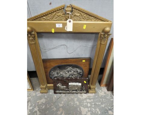 A CLASSICAL GILT FRAME WITH ARCHITECTURAL DETAIL PLUS A CAST PLAQUE AND A MODERN PLAQUE (3)