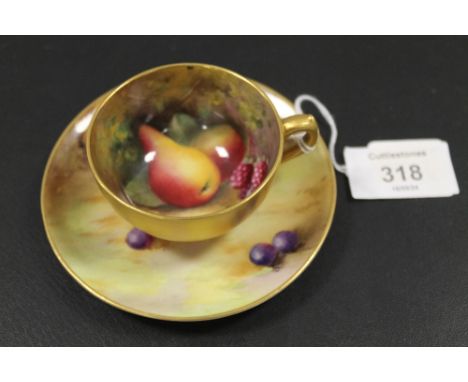 ROYAL WORCESTER 'FALLEN FRUIT' CABINET CUP AND SAUCER - SIGNED H. EVERETT C1926