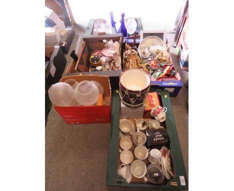 FIVE TRAYS OF ASSORTED CERAMICS TO INCLUDE ROYAL ALBERT, GLASSWARE, LIGHT SHADES ETC 