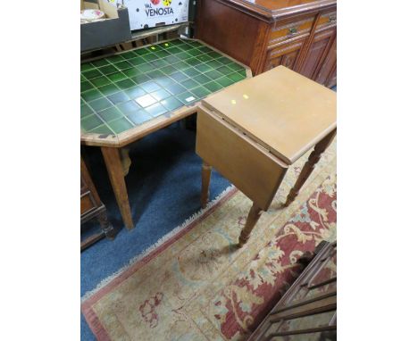 AN OAK TILE TOP TABLE TOGETHER WITH A SMALL TABLE (2)