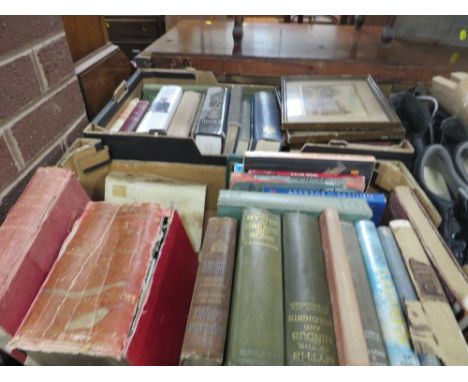 TWO TRAYS OF ASSORTED BOOKS TO INCLUDE THE MYTHS OF GREECE AND ROME, REF ATLAS OF GREATER LONDON AND SAND ART FRAMED AND GLAZ