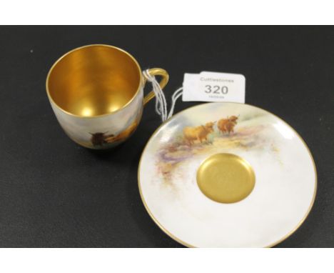 ROYAL WORCESTER 'HIGHLAND CATTLE' CABINET CUP AND SAUCER - SIGNED H. STINTON C1911