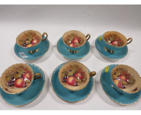 SIX AYNSLEY 'ORCHARD GOLD' CABINET CUPS AND SAUCERS - LIGHT BLUE - SIGNED