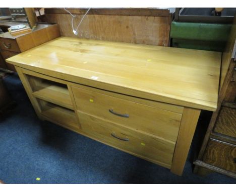 A LARGE LIGHT OAK MEDIA CABINET 