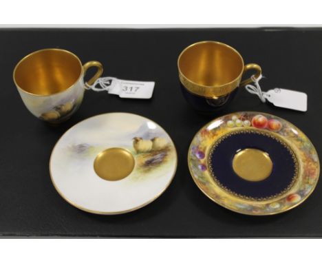 A PAIR OF ROYAL WORCESTER CABINET CUPS AND SAUCERS INCLUDING SHEEP AND FRUIT
