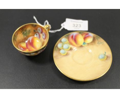 ROYAL WORCESTER 'FRUIT' CABINET CUP AND SAUCER - SIGNED 
