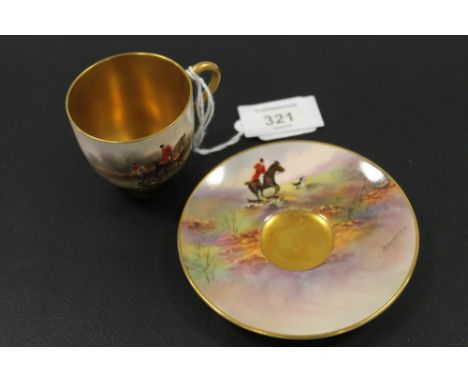 ROYAL WORCESTER 'HORSE AND HOUND' CABINET CUP AND SAUCER - SIGNED J. STANLEY C1928