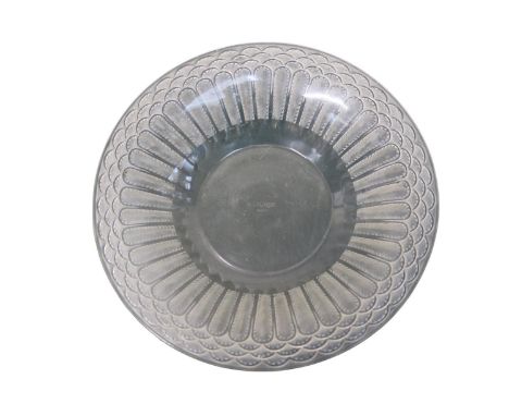 Rene Lalique Glass 'Jaffa' fruit bowl moulded over lapping stylised leaves, 31.5cm diameter, signed to base R Lalique France