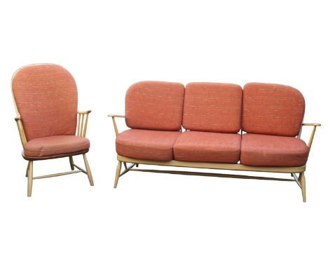 1970s Ercol Blonde Elm Stickback Windsor 3 seater sofa and Elbow chair - with removable cushions. 