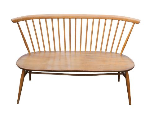 Ercol Blonde Elm Love seat bench model 450 with original light Blue label applied 112cm in Length