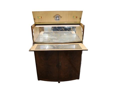 Walnut 1950s art deco style drinks cabinet bar with mirrored glass fitted interior and acessories. 106cm in height by 79cm in