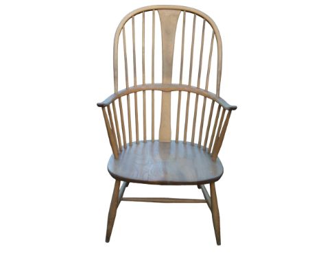 Ercol Blonde Elm Windsor Elbow chair with curved arms over tapering legs with Light blue Label 