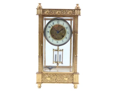 Late 19th Century French lacquered brass four-glass mantel clock with white enamel Numeral ring framing recessed centre strik