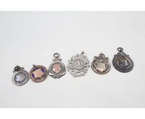 6 x .925 serling antique / vintage fobs inc enamel, rolled gold, blank etc 