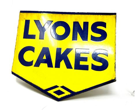Vintage Lyons cakes shop sign double sided measures approx 45cm by 39cm enamel  good condition 