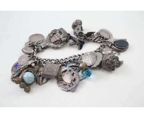 Antique Sterling Silver Charm Bracelet w/ Charms inc. Bloodstone, Enamel 142g 