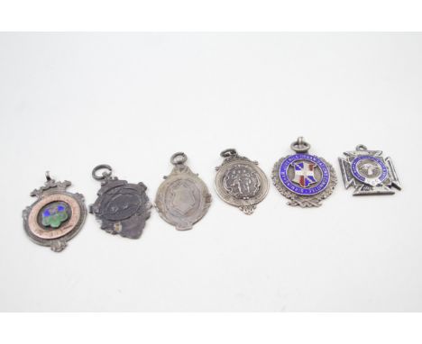 6 x .925 serling antique / vintage fobs inc enamel, rolled gold, blank etc 