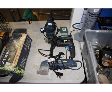 An orbital sander; and a Powerbase hammer drill; and one other orbital sander 