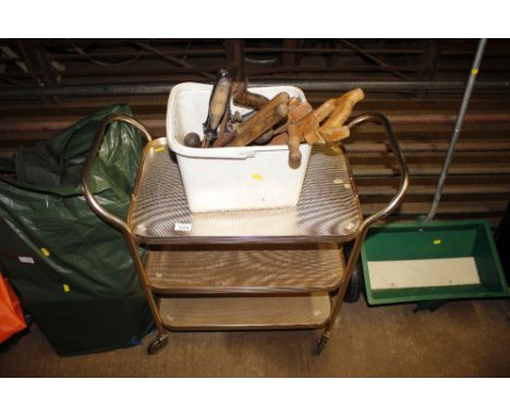 A three tier tea trolley; and a box of hand tools 