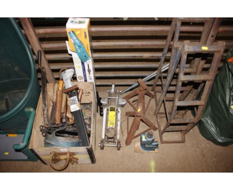 A wooden crate and various hand tools; together with a jack; two axle stands and a pair of car ramps 