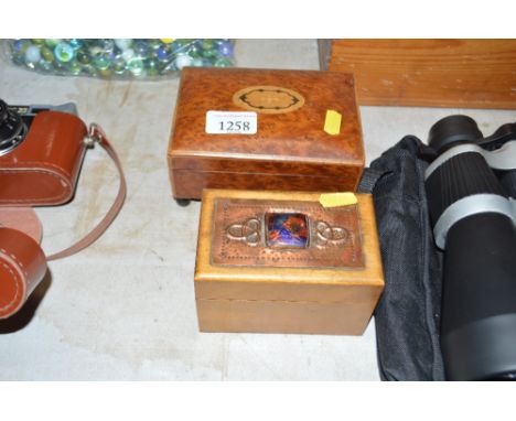 A playing card box and an inlaid jewellery box 