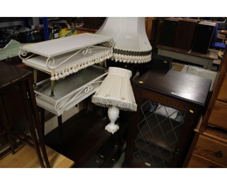 A standard lamp; a table lamp and shade; tv stand; two side tables etc.