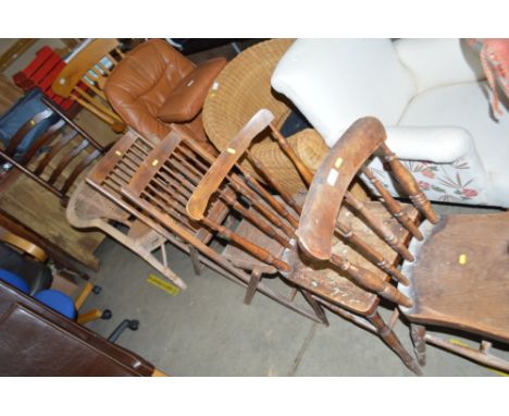 A mahogany ladder back carver chair; a wicker chair and four other chairs