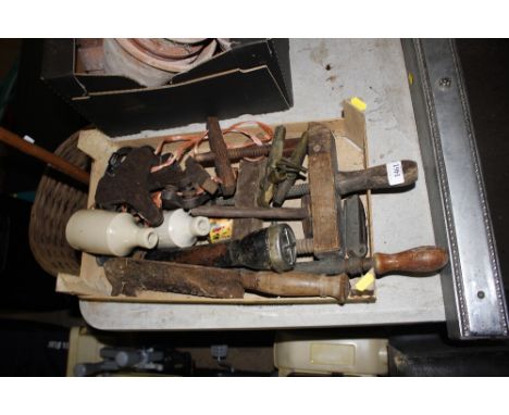 A wooden tray of various hand tools etc. 