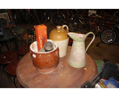 A salt glazed crock; a flagon dated 1728 William Adnams wine and spirit merchant totton together with an enamel jug