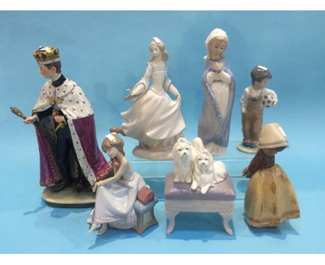 A Capo di Monte figure of Prince Charles and a selection of Lladro and Nao (7)