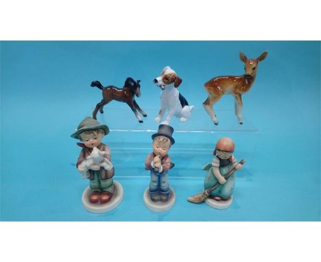 Three Hummel figures, a Doulton dog etc.