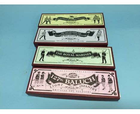 Four sets of Britains; Royal Marines, 127th Baluch, Bombay Infantry and Oxfordshire Light Infantry