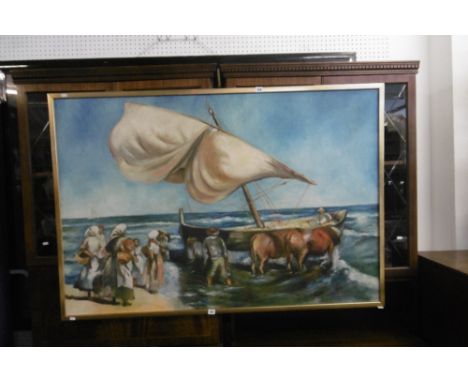 A GILT FRAMED OIL ON CANVAS SEASCAPE
