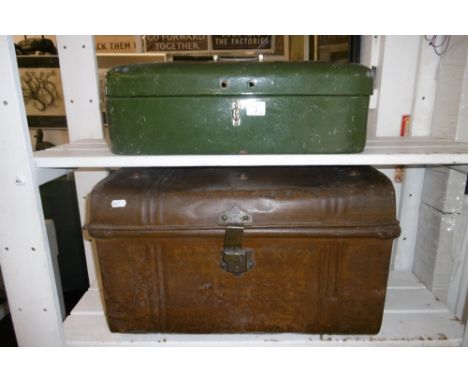 A TIN TRUNK AND ENAMEL TRUNK