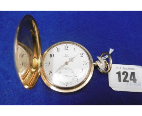 A FINE QUALITY 14CT GOLD ENGINE TURNED OMEGA FULL HUNTER POCKET WATCH