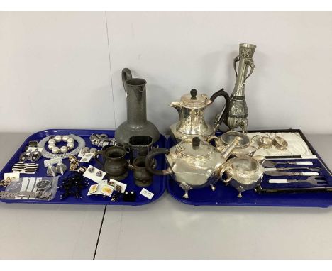 A Stylish Art Deco Style Pewter Four Piece Tea Set, (dents); cased preserve / pickle set, two napkin rings, antique pewter, a