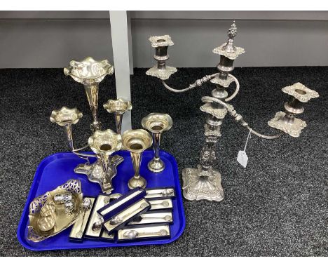 Large Plated Twin Branch Candelabrum, together with a four flute epergne centrepiece, collectors spoons with rifle detail to 